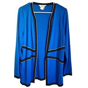 Vintage Misook L Blue Long Sleeve Open Front Jacket Black White Trim FLAW